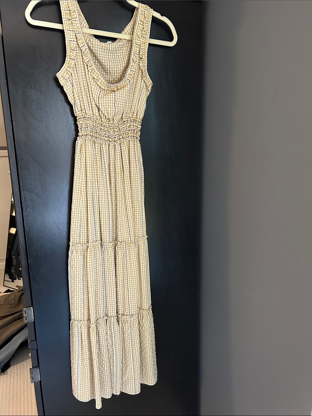 Max Studio Beige Gingham Sleeveless Tiered Maxi Dress